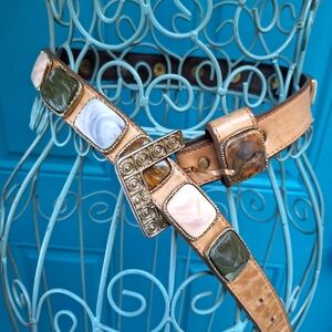 Genuine Leather Belt Womens Vintage Studded Stone Conch Belt Boho Western Earthy